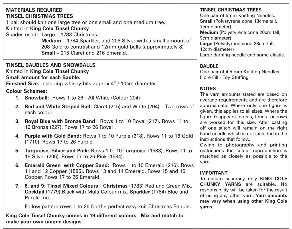 King Cole 'Easy Knit' Novelty Christmas Trees & Baubles Knitting Pattern 9035 - Tinsel Chunky