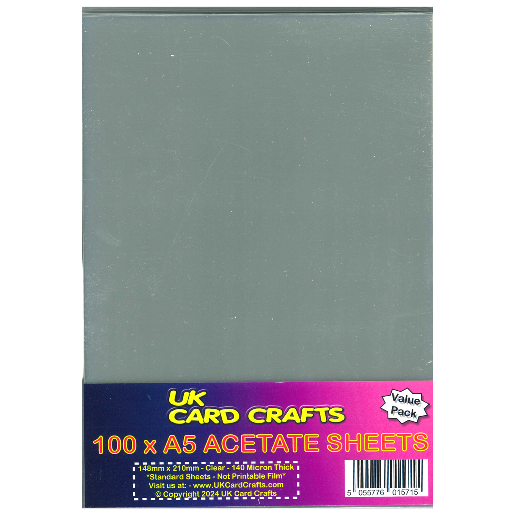 100 x A5 Acetate Sheets – 140 Micron Clear Film for Crafts, OHP & Office Use