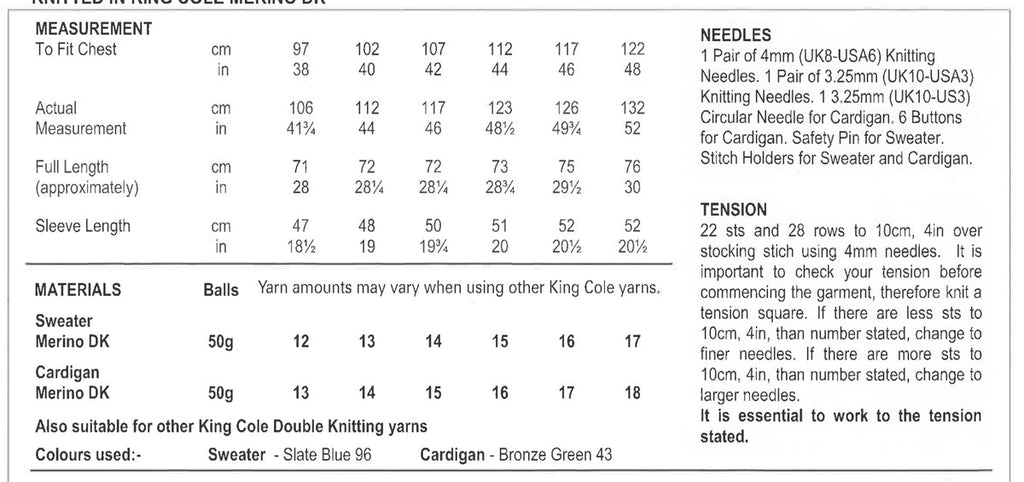 King Cole Men's Sweater & Cardigan Knitting Pattern 3271 - Double Knit