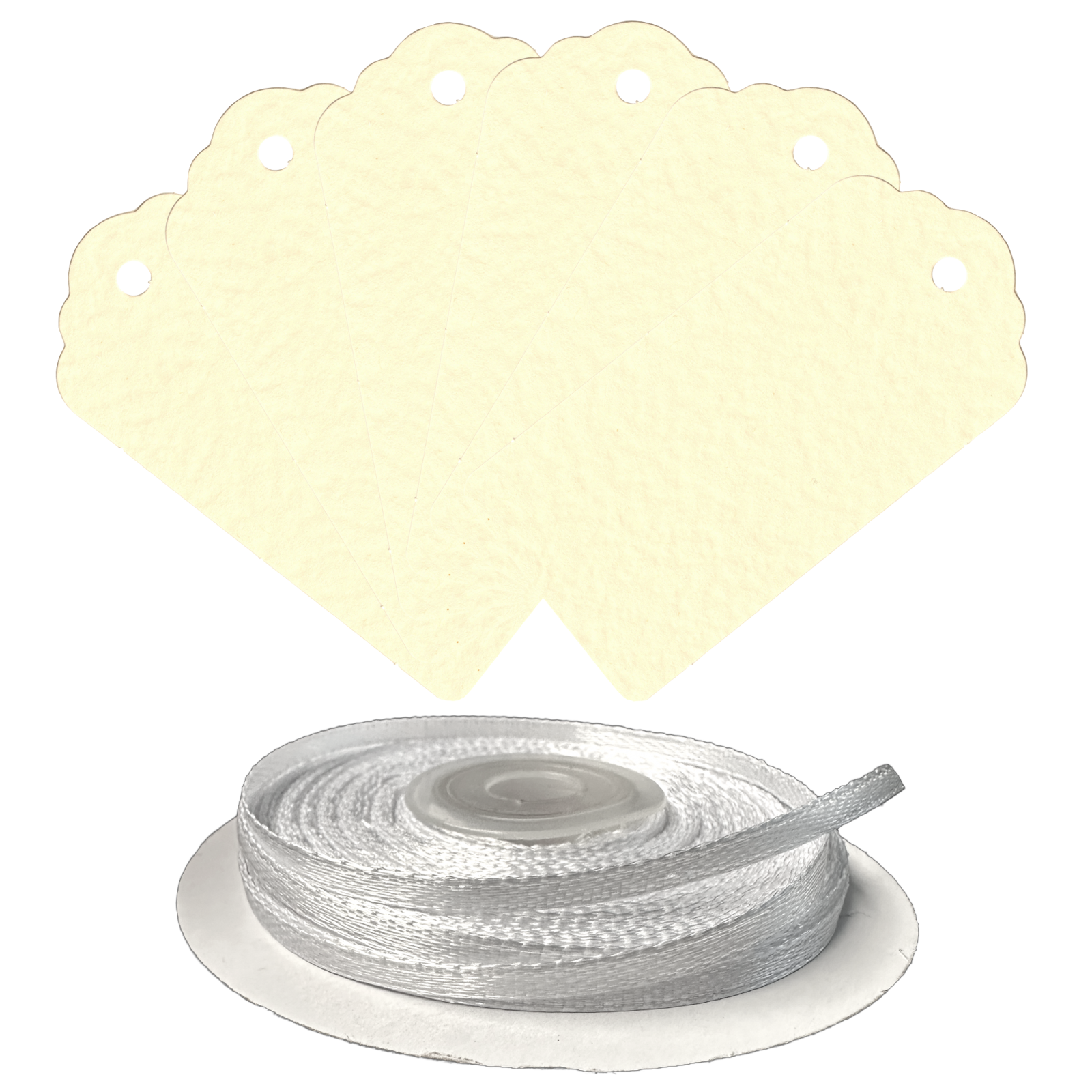 100 Rectangle Scalloped Gift Tags with White Satin Ribbon - 21 Colours Christmas