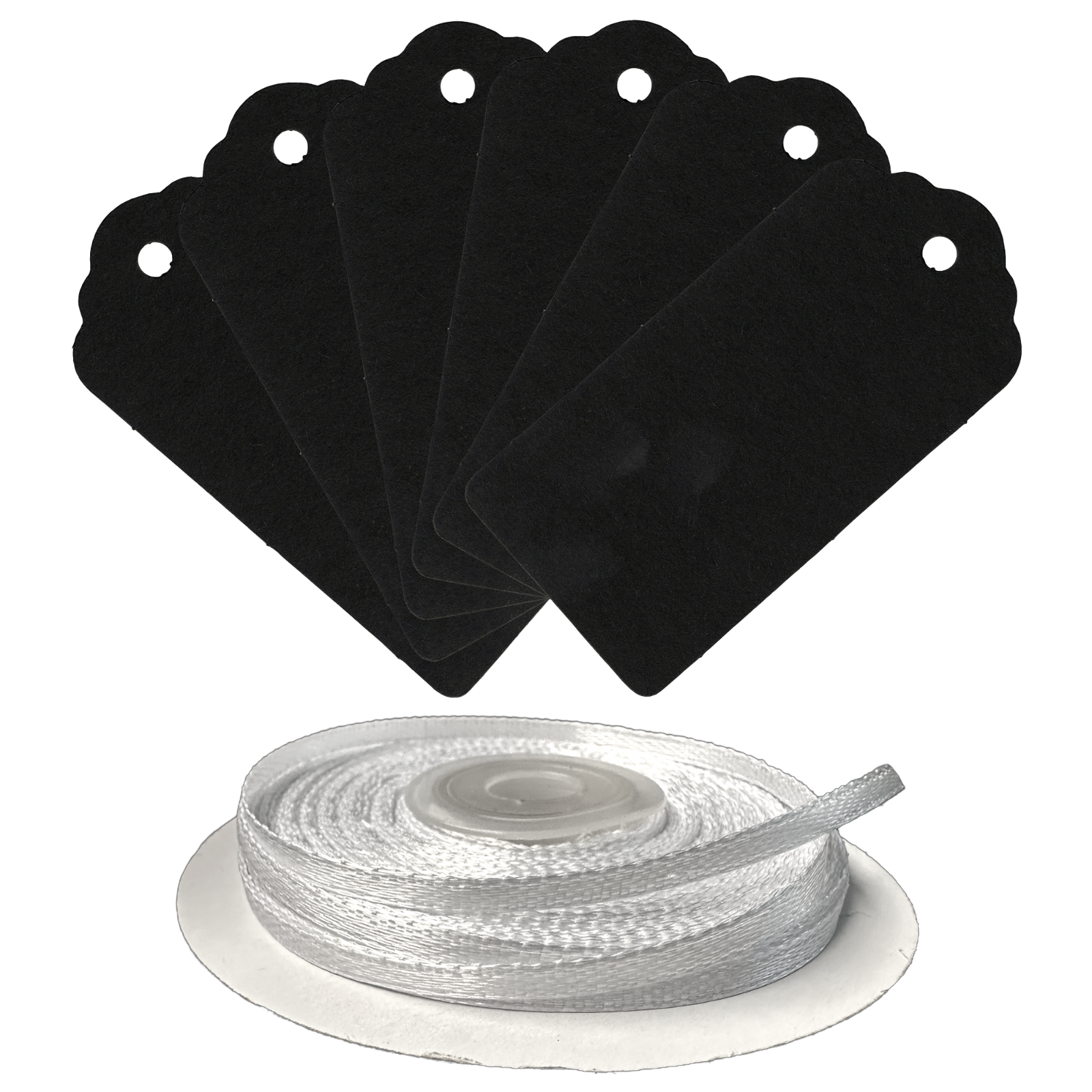 100 Rectangle Scalloped Gift Tags with White Satin Ribbon - 21 Colours Christmas