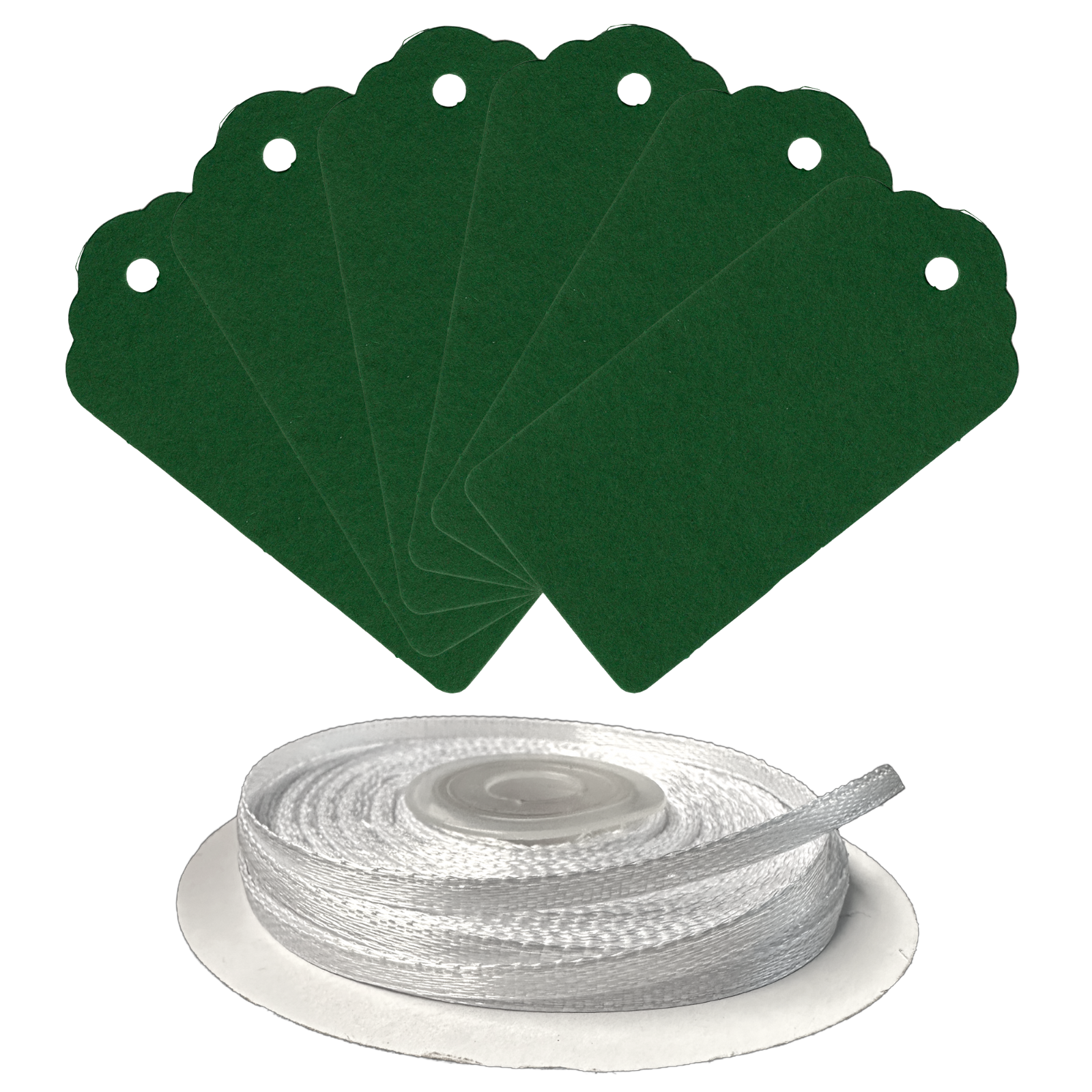 100 Rectangle Scalloped Gift Tags with White Satin Ribbon - 21 Colours Christmas