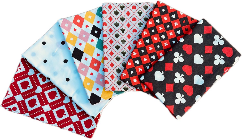CraftsFabrics 6Pcs Poker Hearts Clubs Diamonds Spades Fabric 100% Cotton 50x40cm Wide Fat Quarter for Quilting, Patchwork, DIY Projects
