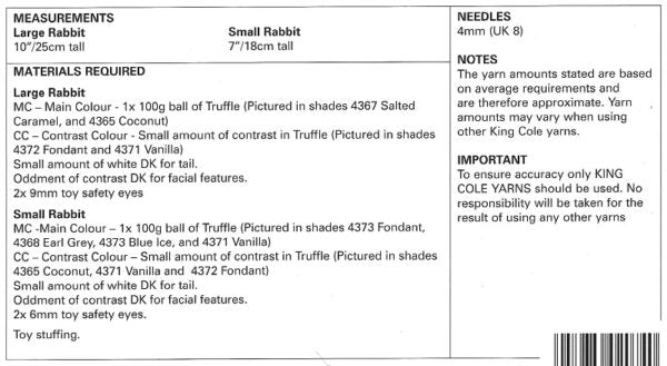 King Cole Novelty Toy Rabbits Knitting Pattern 9143 - Truffle