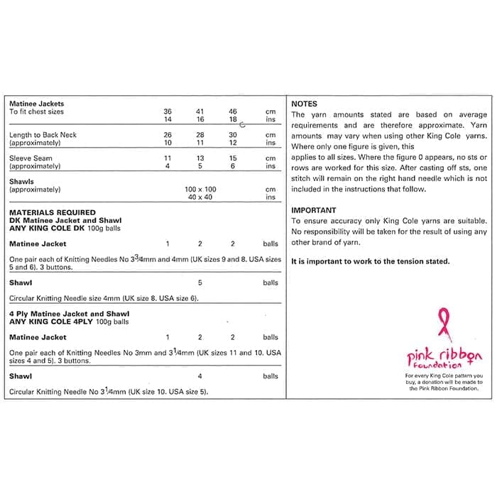 King Cole Baby Matinee Jacket & Shawl Knitting Pattern 2800 - DK & 4 Ply