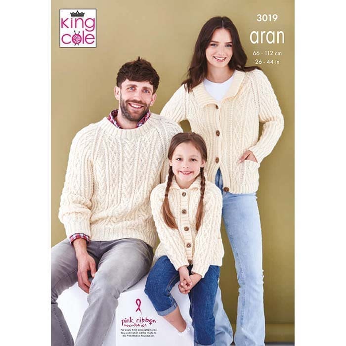 King Cole Family: Men's Ladies and Kid's Sweaters & Cardigans Knitting Pattern 3019 - Aran