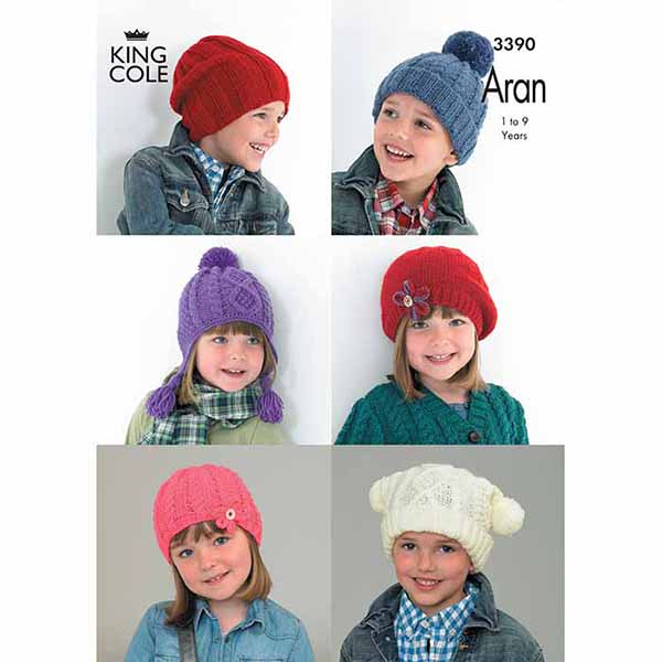 King Cole Baby & Kid's Hat Assortment Knitting Pattern 3391 - Aran