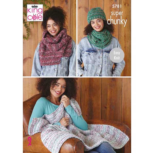 King Cole 'Easy Knit' Throw, Scarf, Snood & Hat Knitting Pattern 5781 - Super Chunky