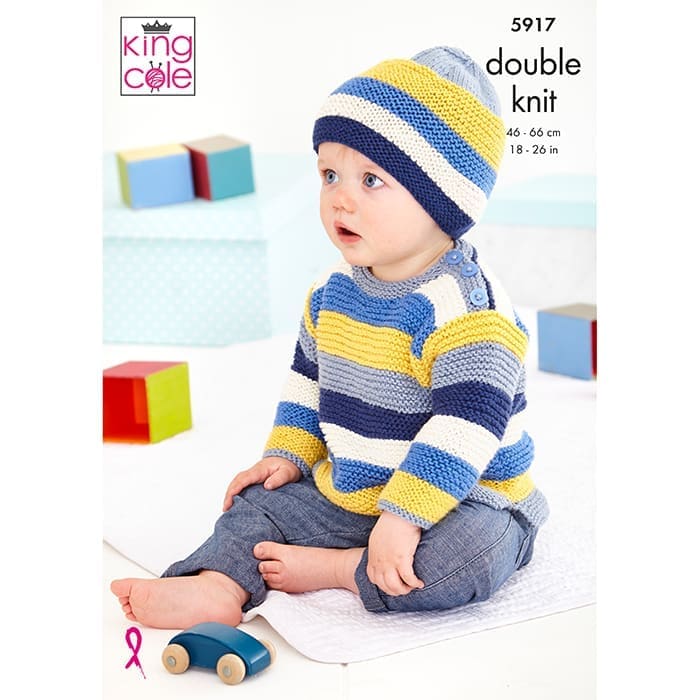King Cole Babies/Childs Sweater, Hat & Cardigan Knitting Pattern 5917 - Double Knit