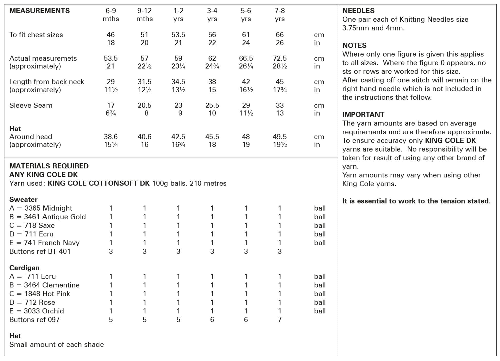 King Cole Babies/Childs Sweater, Hat & Cardigan Knitting Pattern 5917 - Double Knit
