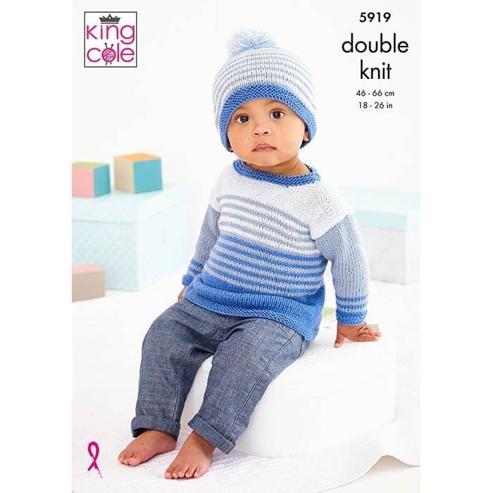 King Cole Babies/Childs Sweater, Hat & Sweater Dress Knitting Pattern 5919 - Double Knit