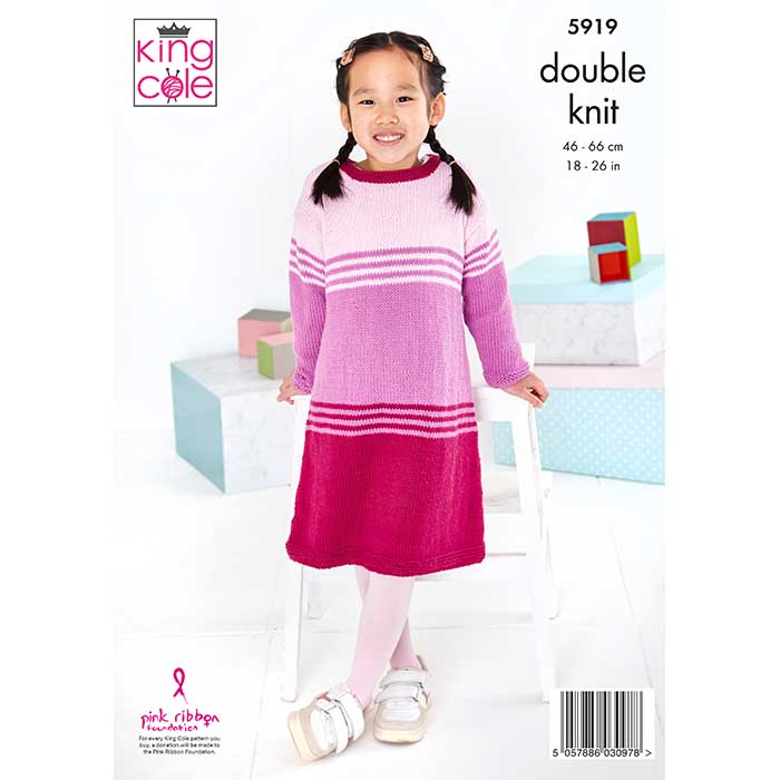 King Cole Babies/Childs Sweater, Hat & Sweater Dress Knitting Pattern 5919 - Double Knit