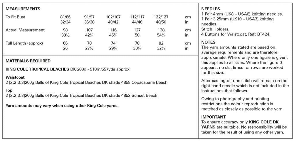 King Cole Ladies Summer Waistcoat & Top Knitting Pattern 5979 - Double Knit
