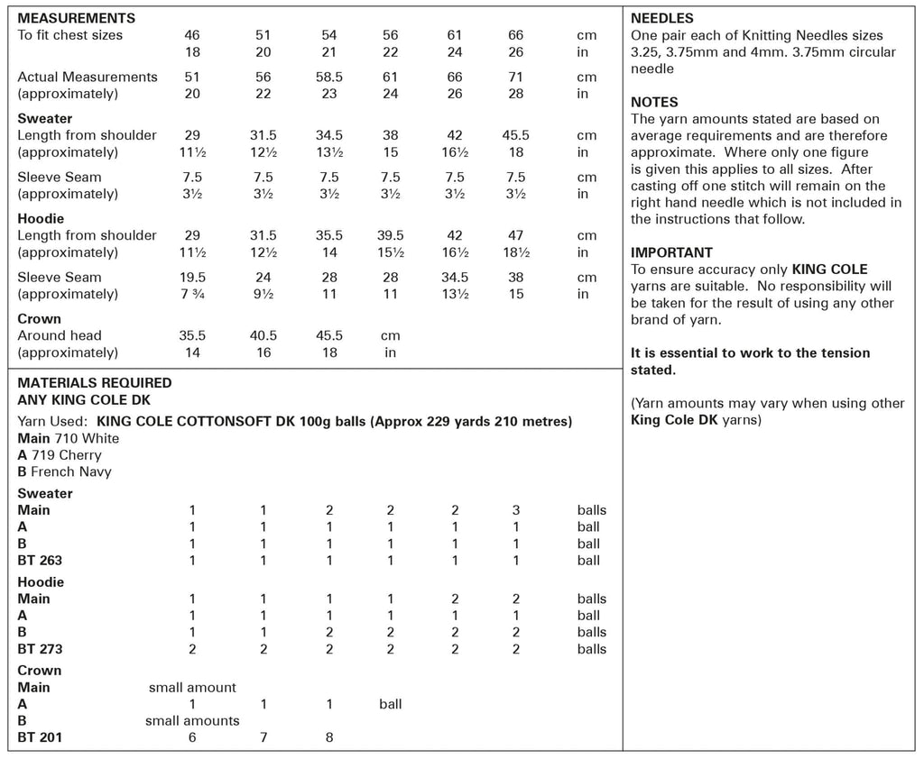 King Cole Childs Sweater, Hoodie & Crown Knitting Pattern 6023 - Double Knit