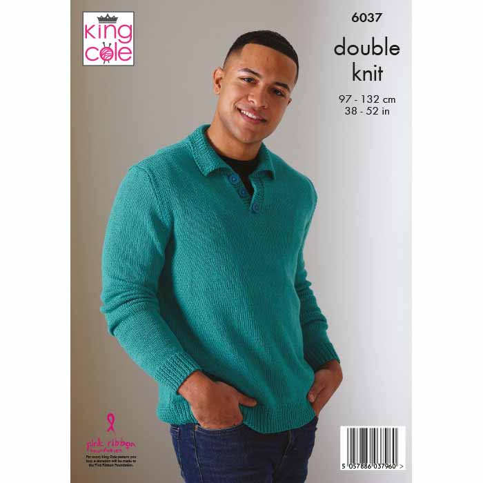 King Cole Men's Cotton sweaters Knitting Pattern 6037 - Double Knit