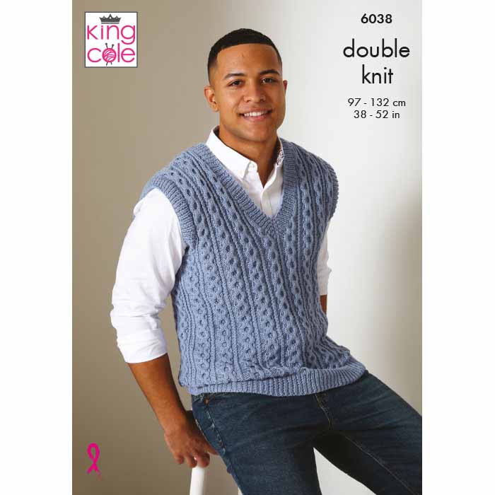 King Cole Men's Cotton Waistcoat & Sweater Vest Knitting Pattern 6038 - Double Knit