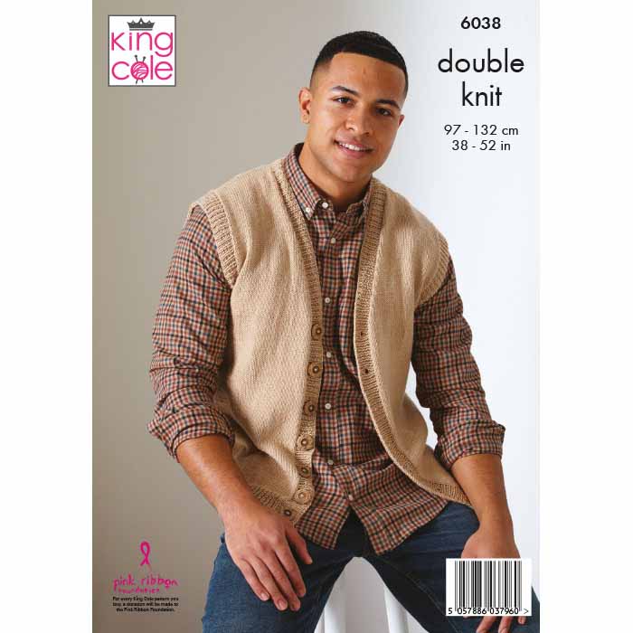 King Cole Men's Cotton Waistcoat & Sweater Vest Knitting Pattern 6038 - Double Knit