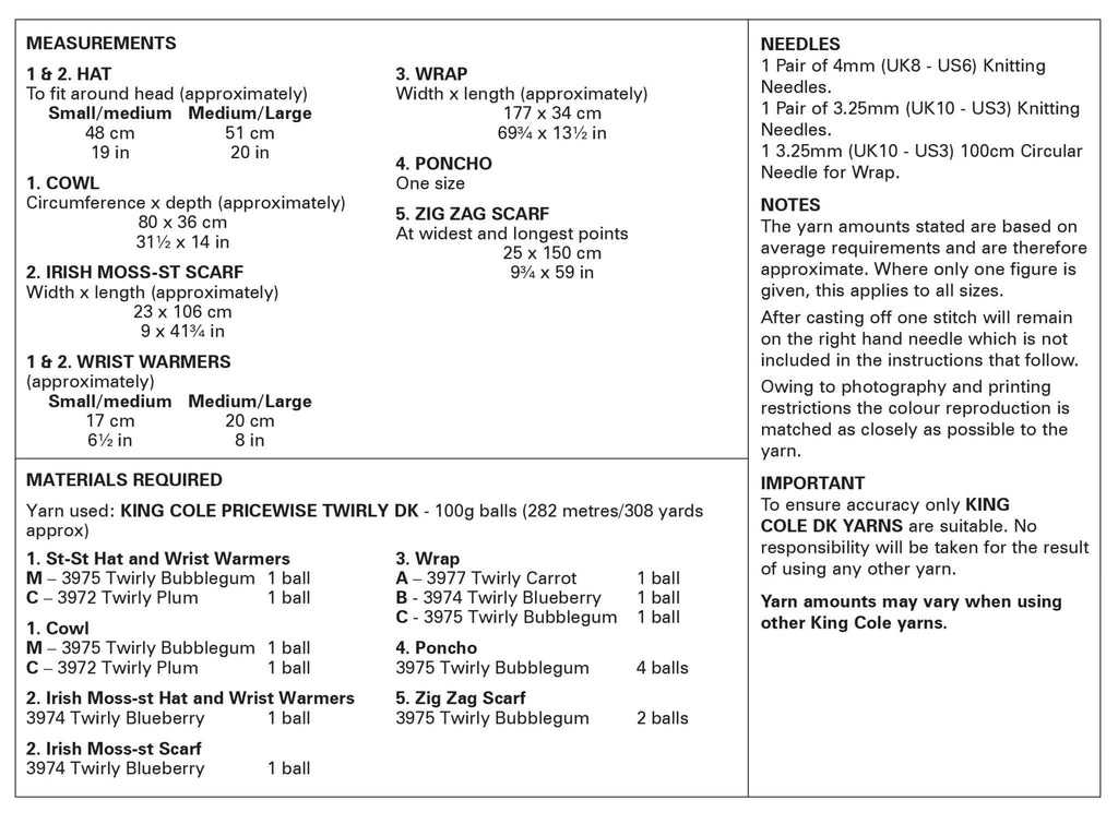 King Cole Ladies Hat, Wristwarmers, Scarf & Shawl Knitting Pattern 6134 - Double Knit