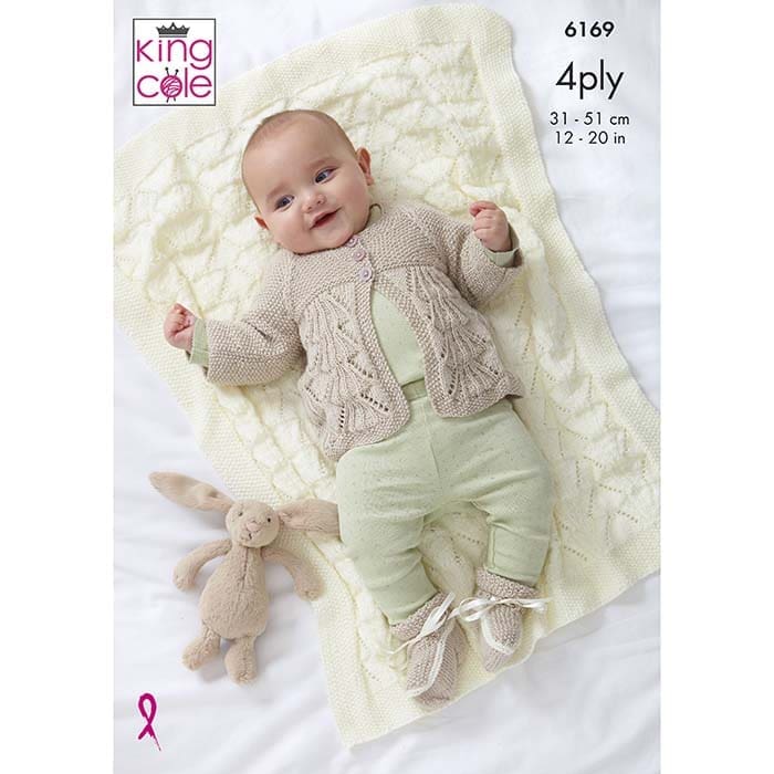 King Cole Baby's Blanket, Matinee Jacket, Sweater, Bootees & Hat Knitting Pattern 6169 - 4 Ply