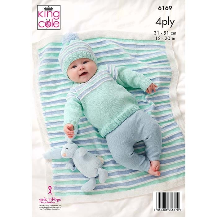 King Cole Baby's Blanket, Matinee Jacket, Sweater, Bootees & Hat Knitting Pattern 6169 - 4 Ply