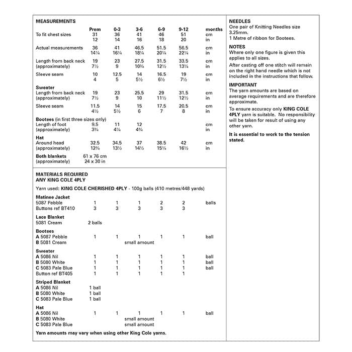 King Cole Baby's Blanket, Matinee Jacket, Sweater, Bootees & Hat Knitting Pattern 6169 - 4 Ply