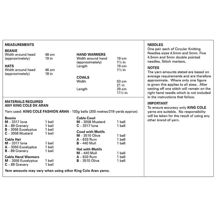 King Cole Winter Accessories Knitting Pattern 6197 - Aran