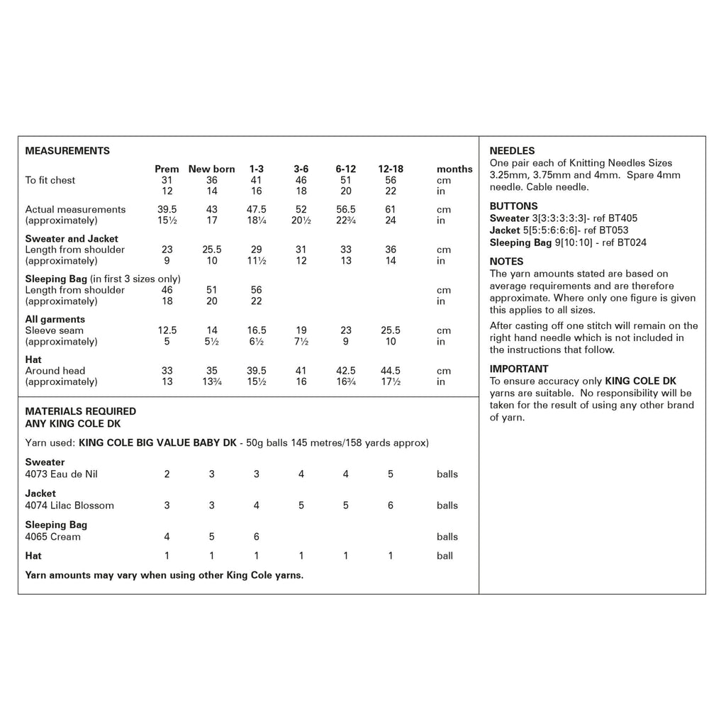 King Cole Babies Sweater, Jacket, Sleeping Bag and Hat Knitting Pattern 6212 - Double Knit