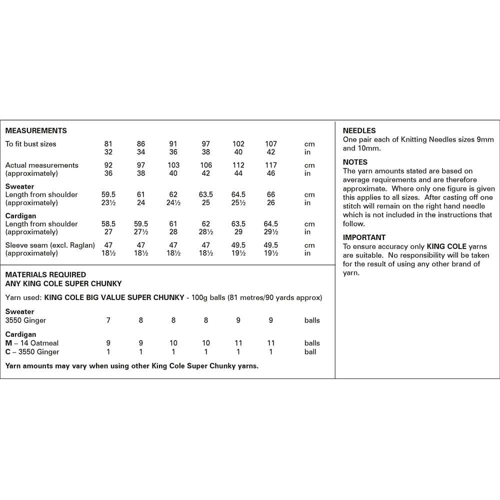 King Cole 'Easy Knit' Ladies Sweater & Cardigan Knitting Pattern 6218 - Super Chunky