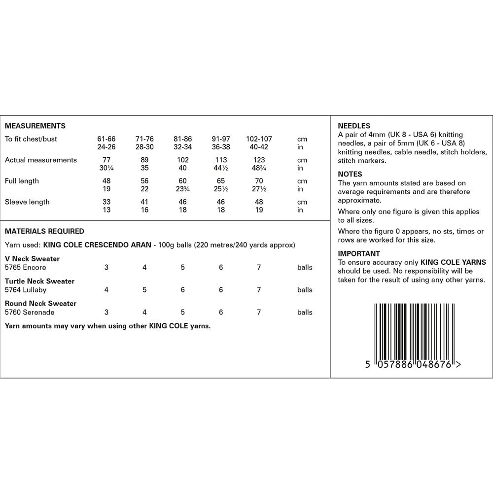 King Cole Family Cable Sweaters Knitting Pattern 6220 - Aran