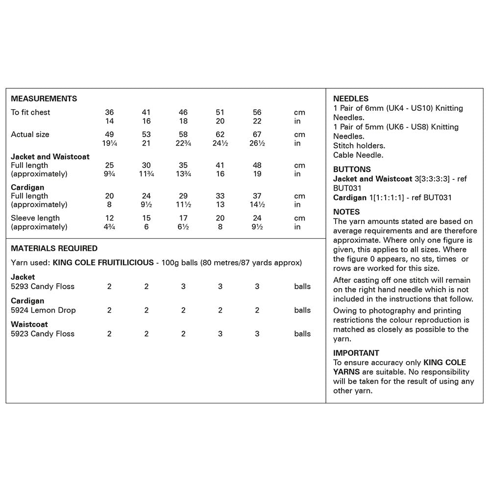 King Cole Baby Jacket, Cardigan and Waistcoat Knitting Pattern 6238 - Chunky