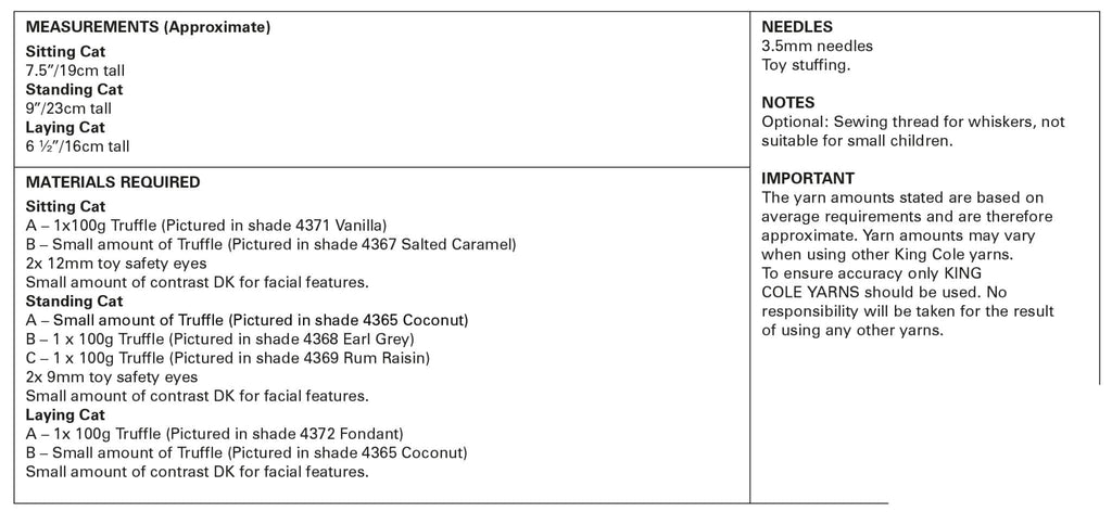 King Cole Novelty Toy Cats Knitting Pattern 9144 - Truffle