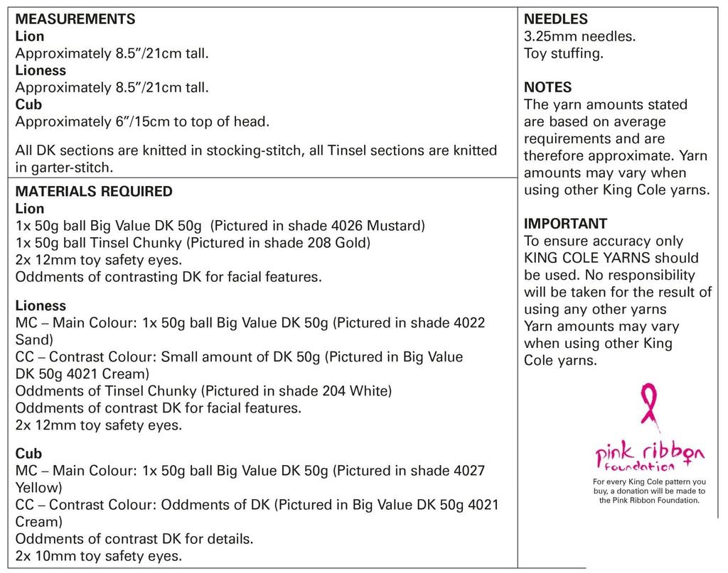 King Cole Novelty Toy Lion Family Knitting Pattern 9152 - Chunky & Double Knit