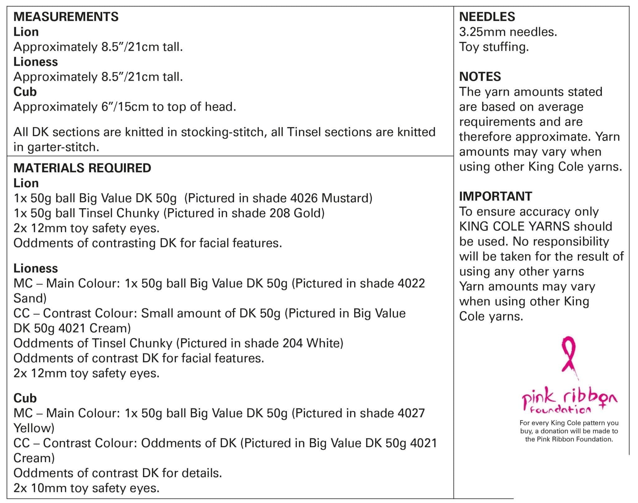 King Cole Novelty Toy Lion Family Knitting Pattern 9152 - Chunky & Double Knit