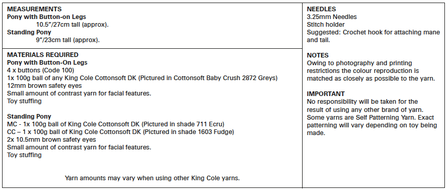 King Cole Novelty Toy Pony with Button Legs Knitting Pattern 9128 - Double Knit