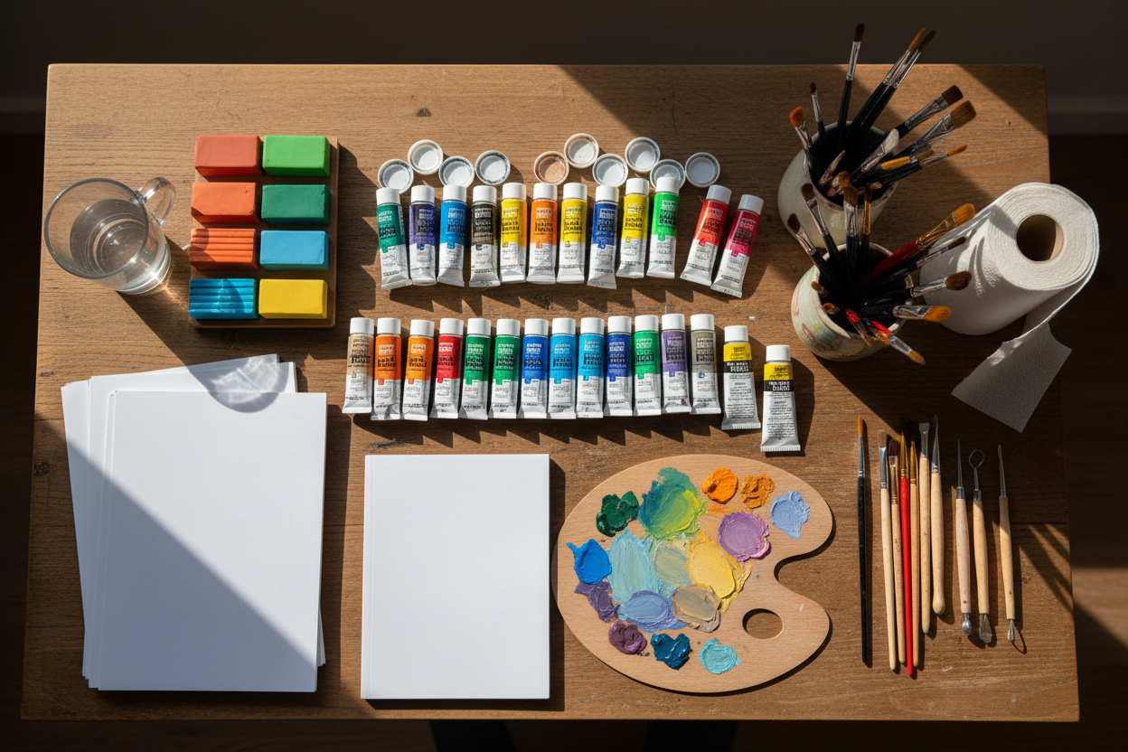 art desk with paints, paper, clay 