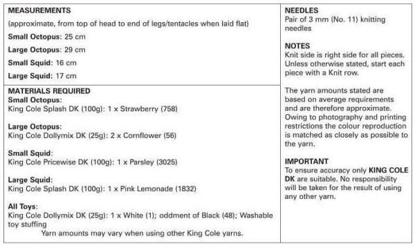 King Cole Novelty Toy Octopus & Squid Knitting Pattern 9092 - Double Knit