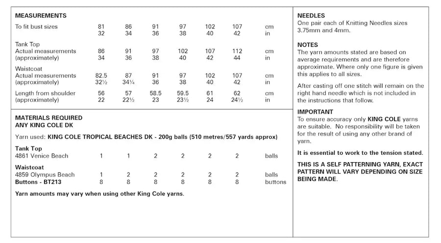 King Cole Ladies Tank Top & Waistcoat Knitting Pattern 6124 - Double Knit