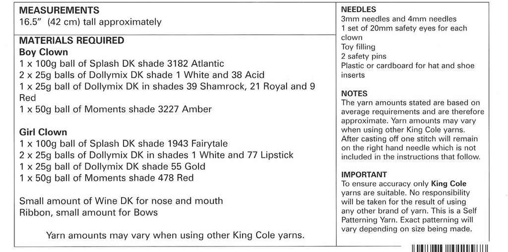 King Cole Novelty Easy Knit Toy Clowns Knitting Pattern 9127 - Double Knit