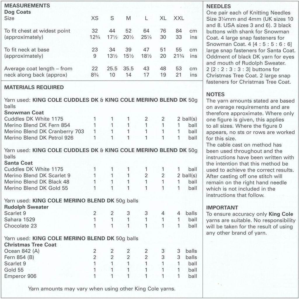 King Cole Christmas Dog Coats Knitting Pattern 4115 - Double Knit