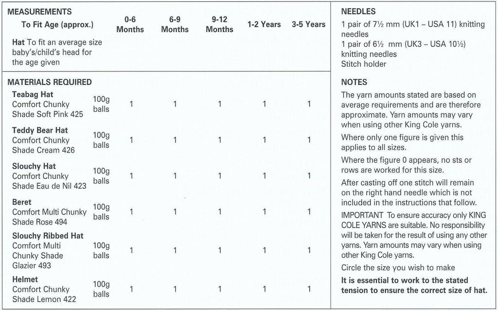 King Cole Baby & Kid's Hat Assortment Knitting Pattern 3391 - Chunky
